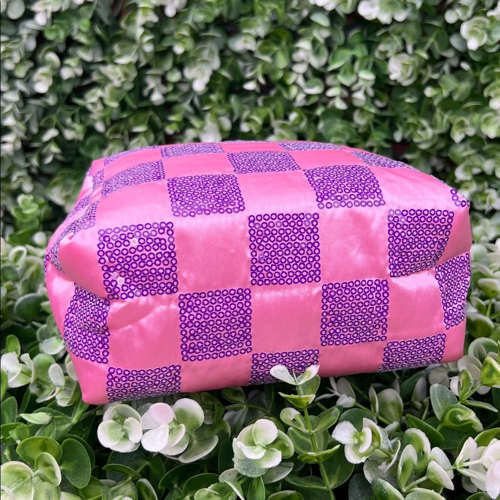 Ulta Beauty Pink and Purple Sequins Check Pattern Cosmetic Pouch Bag